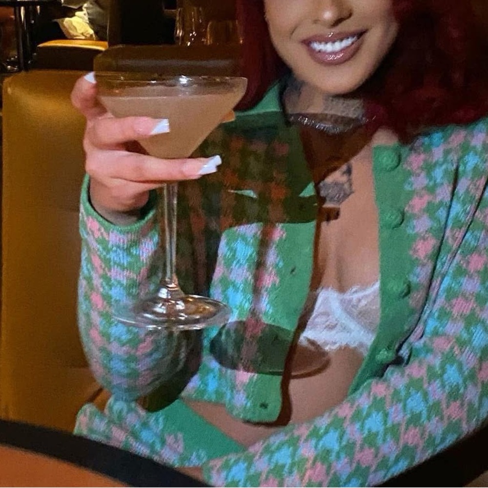 stylish Green and Pink Houndstooth Skirt Set